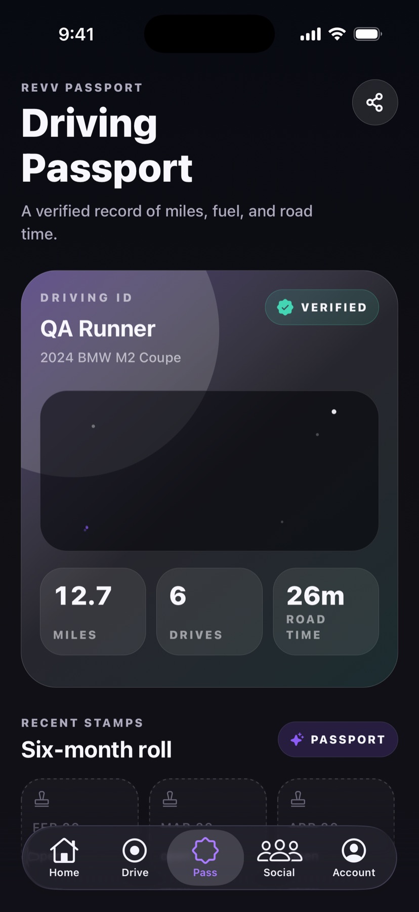 Revv driving passport with a verified driving ID card and monthly stamps
