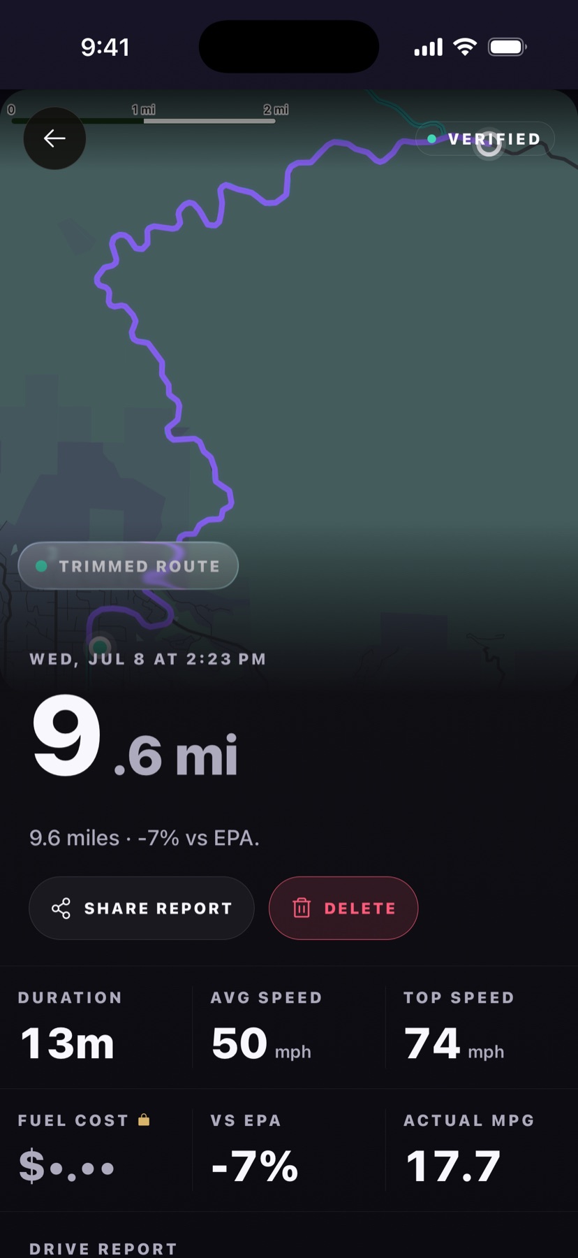 Revv drive receipt with a verified route map, trimmed endpoints, and duration, speed, fuel, and efficiency stats