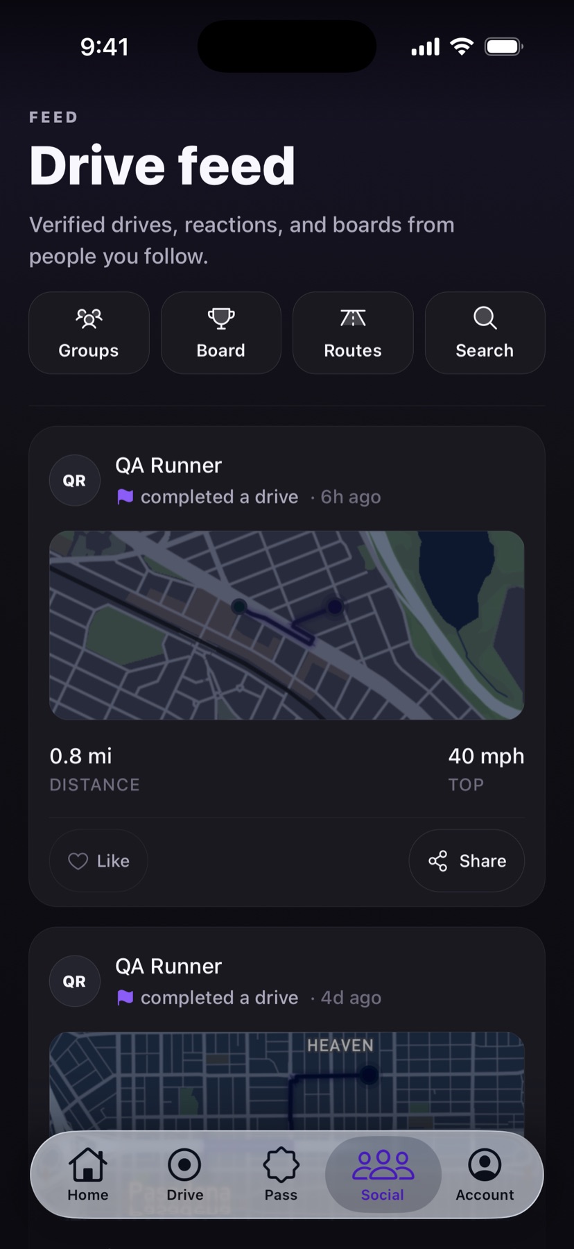 Revv drive feed with verified drives, route thumbnails, likes, and share controls